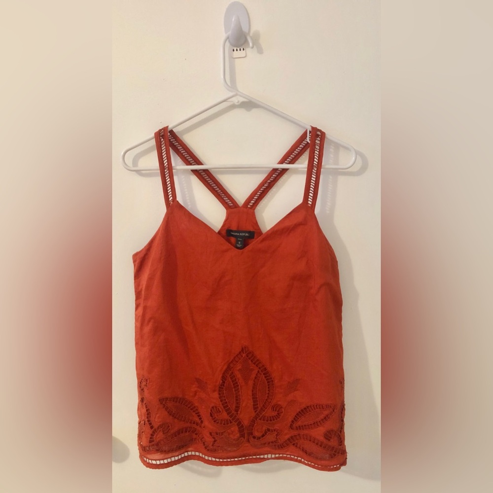 Banana Republic Orange Red Embroidered Strappy Sleeveless Summer Top v neck